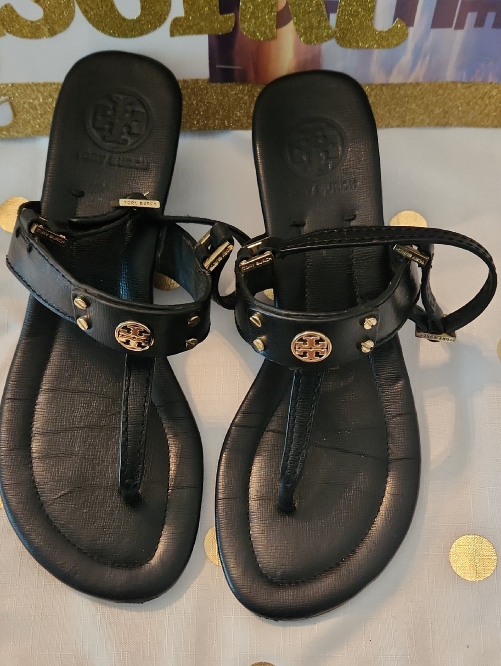 Tory Burch Black Leather Thong Sandals with Gold Emblem